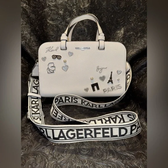 KARL LAGERFELD MAYBELLE BLACK WHITE SATCHEL TOTE CROSSBODY - Picture 1 of 11